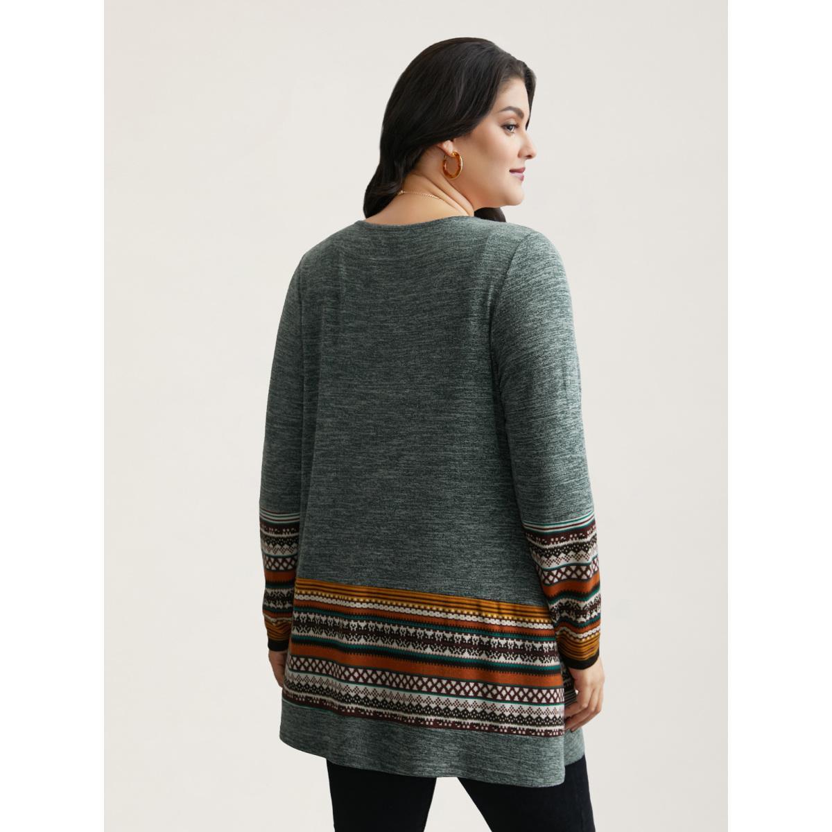 Plus Size Tunic Boho Print Pocket T-shirt Sage Women Casual Contrast Round Neck Loose Everyday T-shirts BloomChic 30/6X Product Image