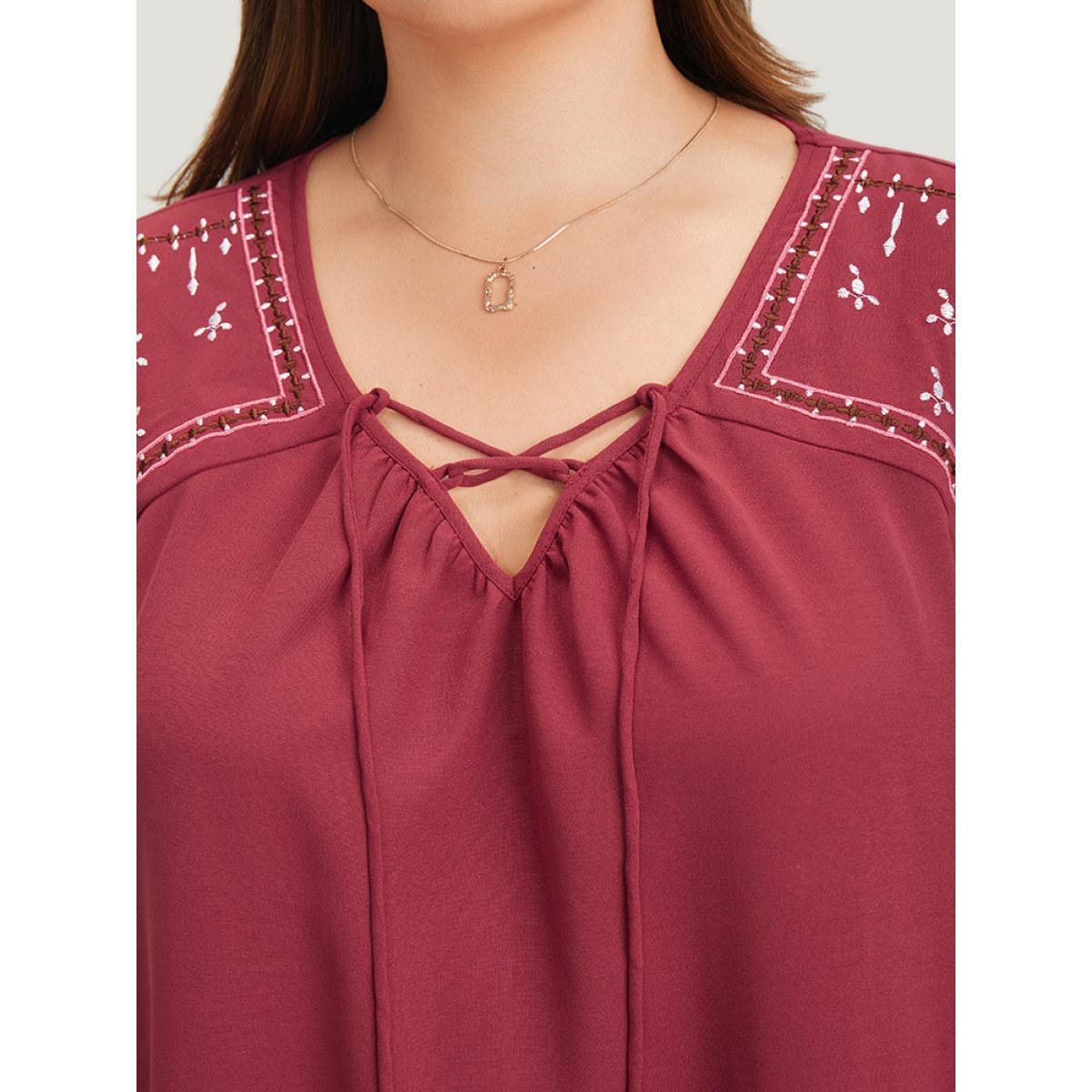 Plus Size Burgundy Plain Embroidered Lace Up Bell Sleeve Blouse Women Vacation Elbow-length sleeve V-neck Dailywear Blouses BloomChic 22-24/3X Product Image