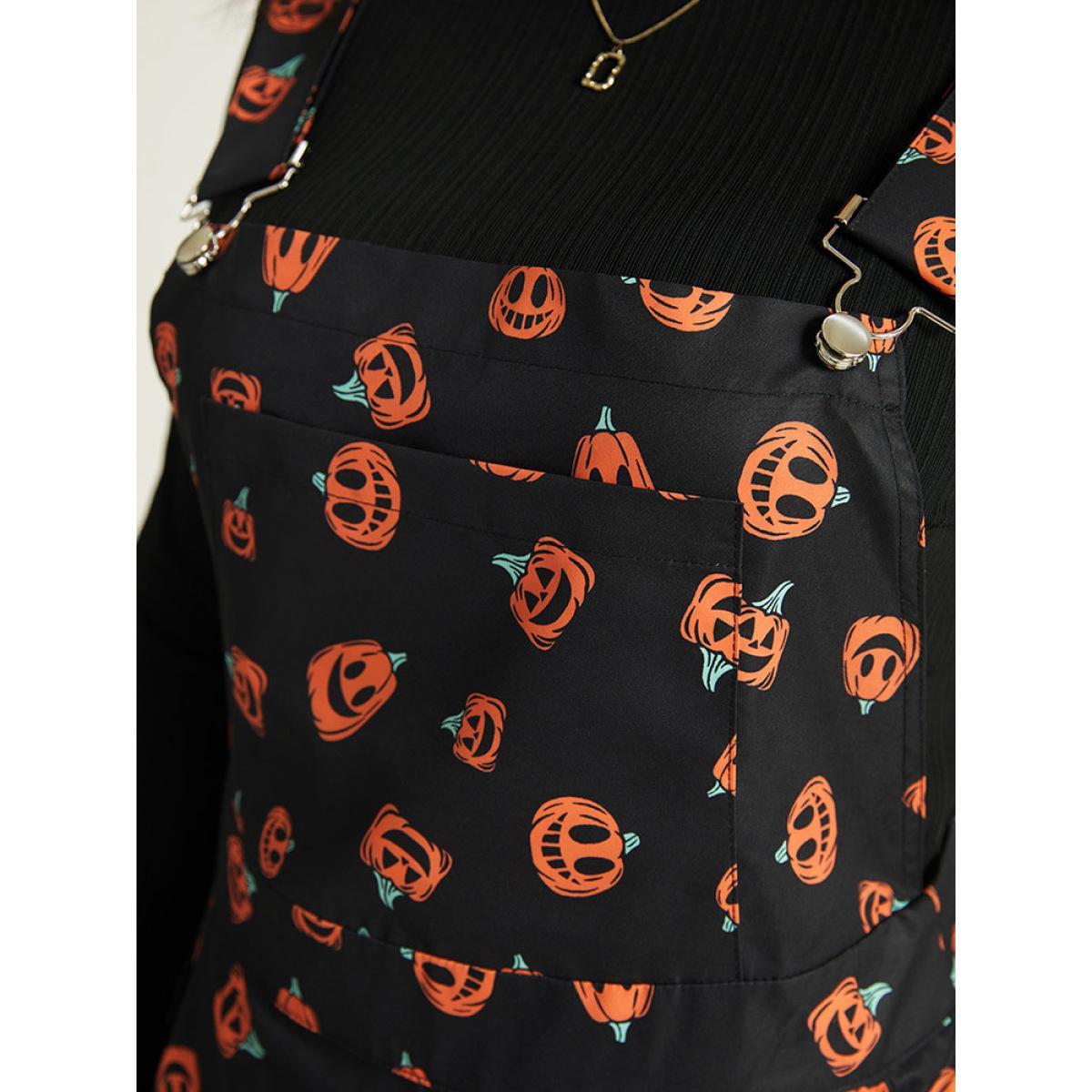 Plus Size Halloween Pocket Pumpkin Print Overall Cami Dress DarkGreen Women Casual Adjustable Straps Spaghetti Strap Sleeveless Curvy Midi Dress BloomChic 18-20/2X Product Image