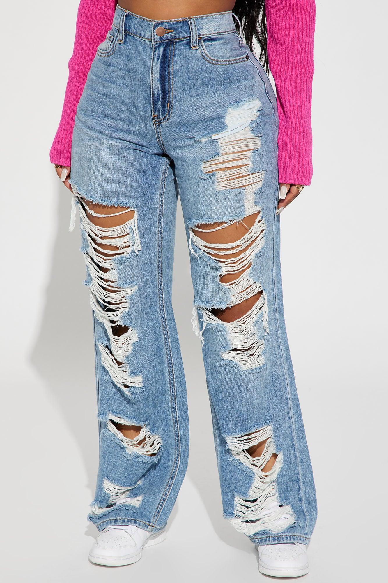 Sydney Shredded Non Stretch Loose Jeans - Medium Wash Product Image