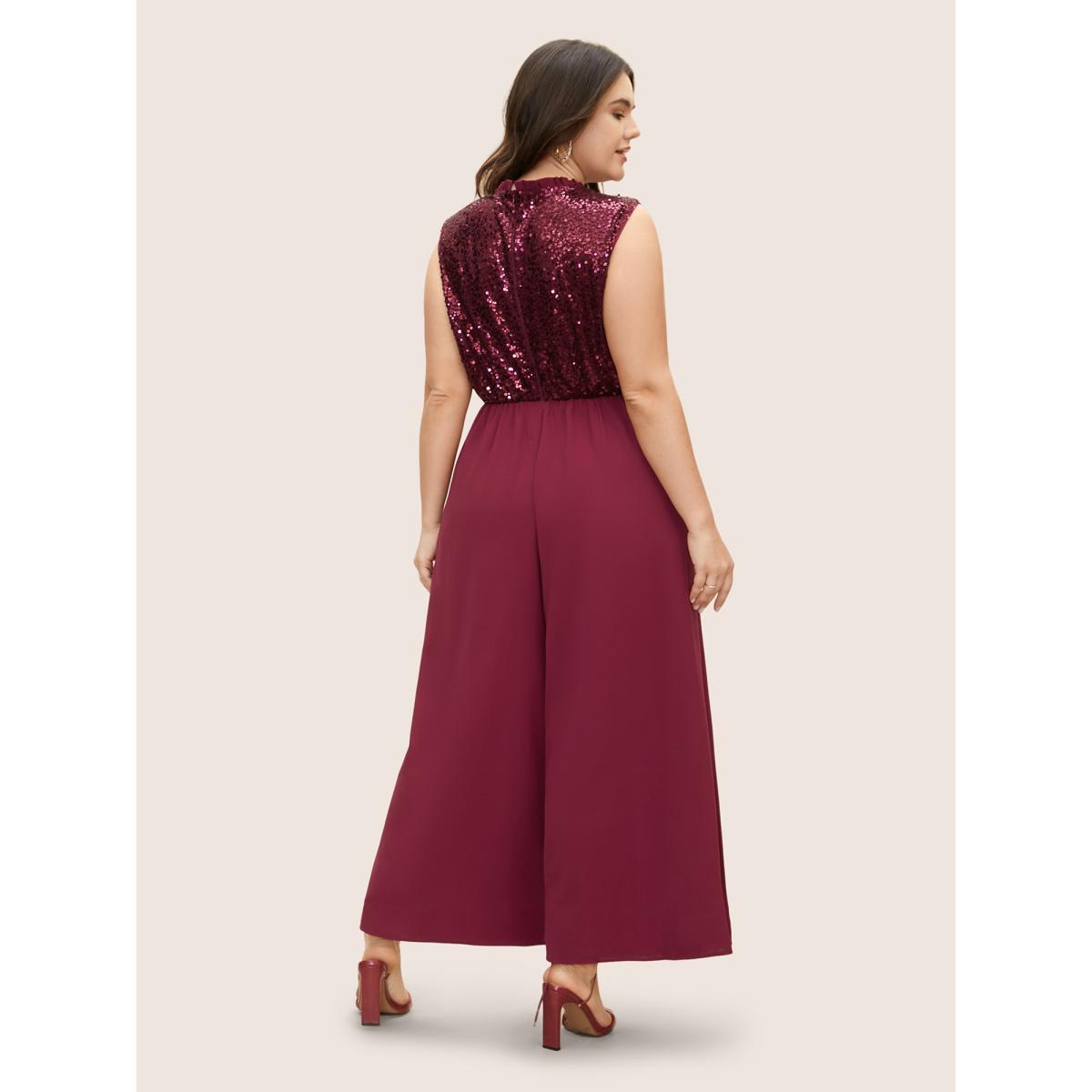 Plus Size Burgundy Sequin Patchwork Mock Neck Sleeveless Jumpsuit Women Cocktail Sleeveless Mock Neck Party Loose Jumpsuits BloomChic 14-16/1X Product Image