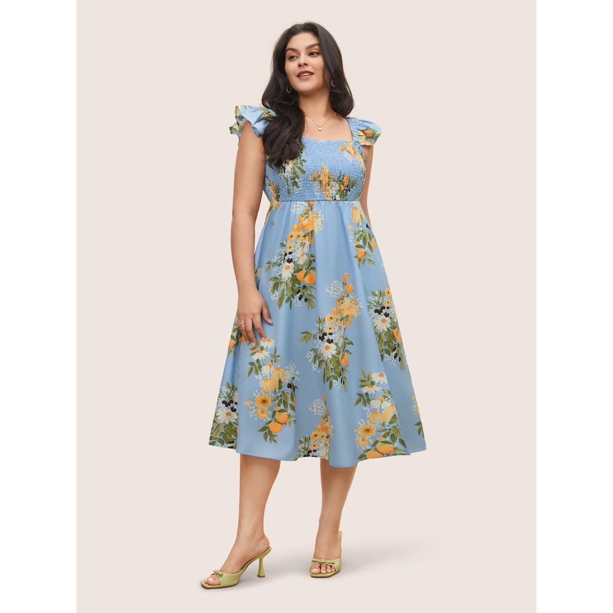 Plus Size Citrus Oranges Print Shirred Ruffle Trim Split Hem Dress Stone Women Elegant Non Square Neck Sleeveless Curvy Midi Dress BloomChic 18-20/2X Product Image
