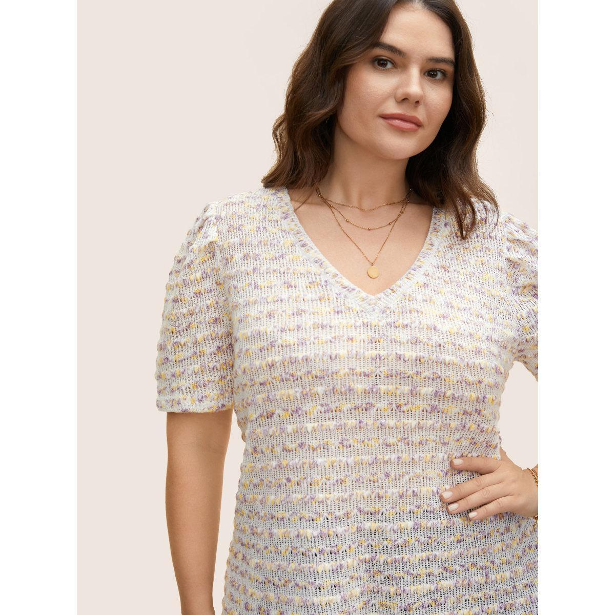 Plus Size V Neck Cut Out Striped Tie Dye T-shirt Lilac Women Elegant Contrast V-neck Everyday T-shirts BloomChic 18-20/2X Product Image
