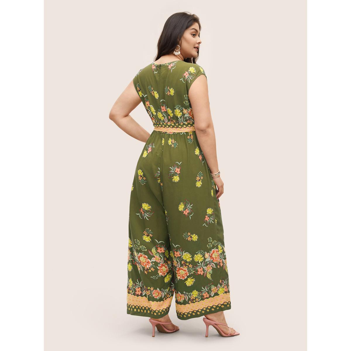 Plus Size Sage Boho Print Overlap Collar Belted Sleeveless Jumpsuit Women Resort Cap Sleeve V-neck Vacation Loose Jumpsuits BloomChic 10/M Product Image
