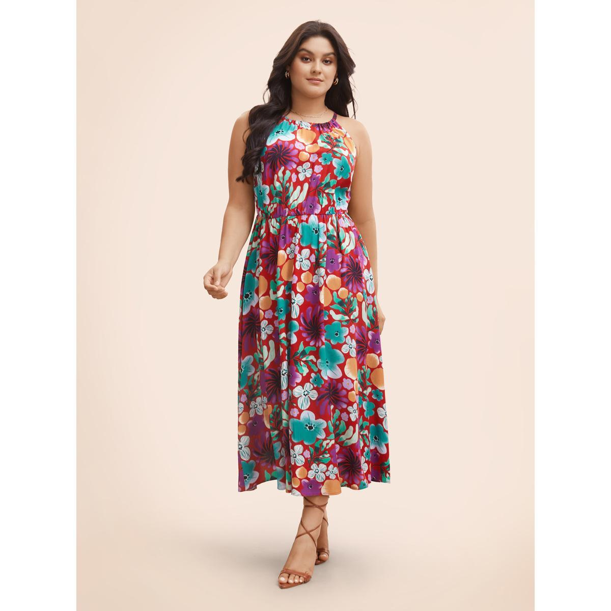 Plus Size Floral Printed Patchwork Side Seam Pocket Dress Burgundy Women Resort Gathered Non Sleeveless Curvy BloomChic 18-20/2X Product Image