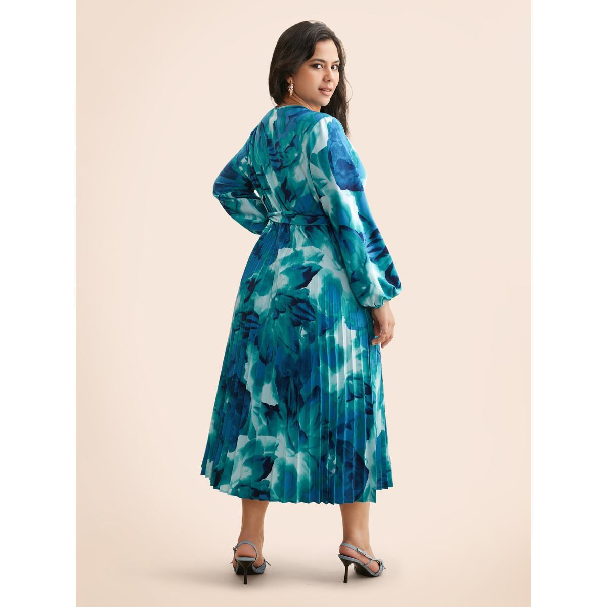 Plus Size Watercolor Floral Pleated Belted Dress DarkBlue Women Elegant Belted V-neck Long Sleeve Curvy BloomChic 30/6X Product Image