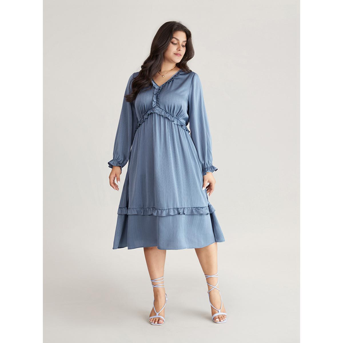 Plus Size Plain Pocket Elastic Waist Ruffles Frill Trim Dress Aegean Women Elegant Gathered V-neck Long Sleeve Curvy Midi Dress BloomChic 10/M Product Image