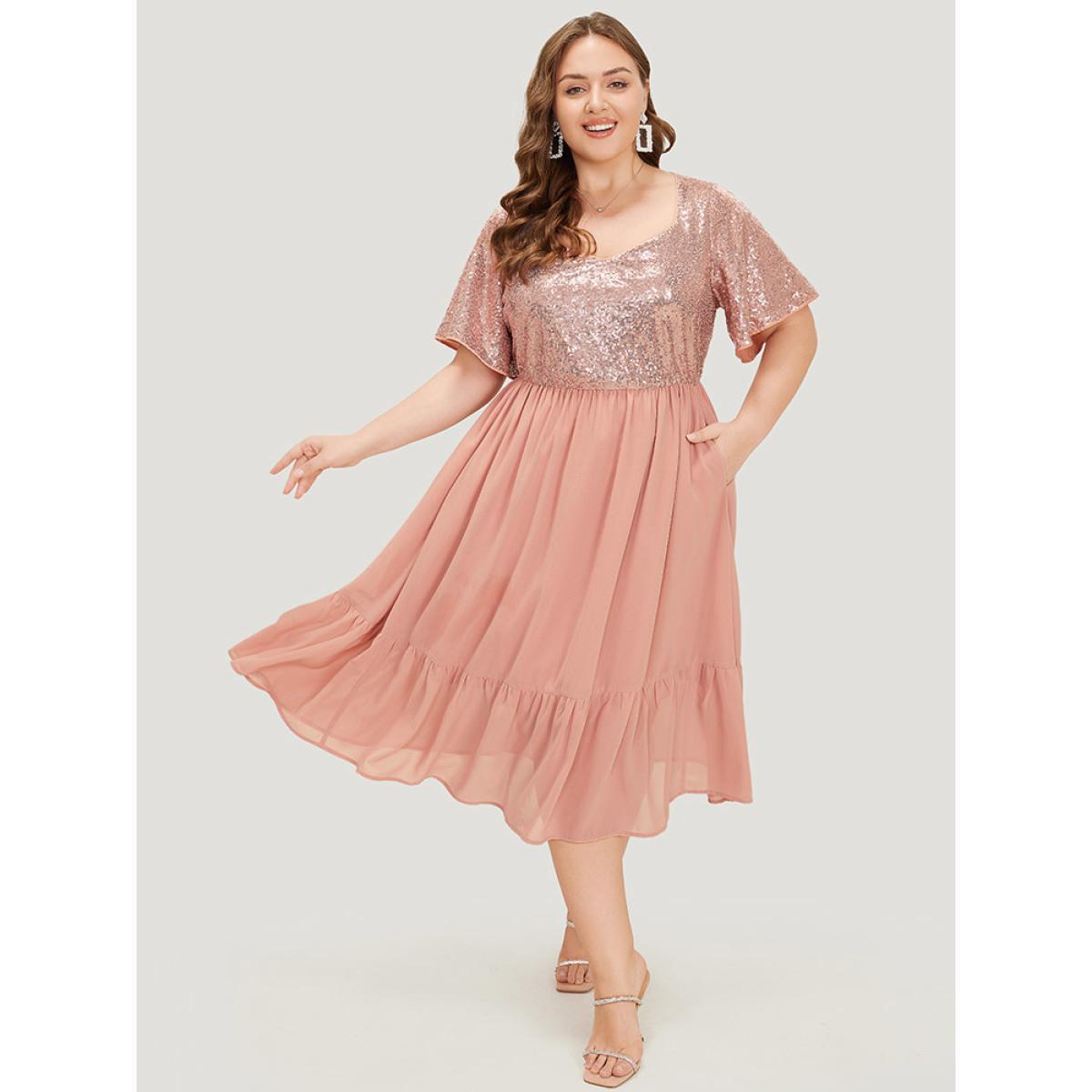 Plus Size Sequin Patchwork Belted Flutter Hem Midi Dress Crepe Women Party Lined V-neck Short sleeve Curvy Midi Dress BloomChic 22-24/3X Product Image