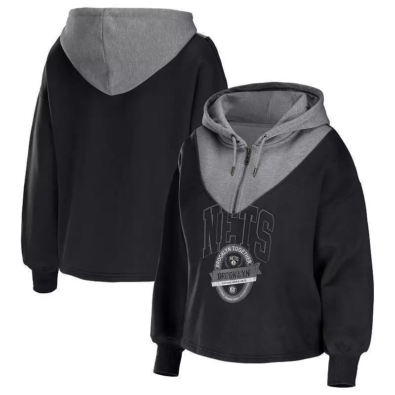 Women's WEAR by Erin Andrews Black Brooklyn Nets Pieced Quarter-Zip Hoodie Jacket, Size: Small Product Image