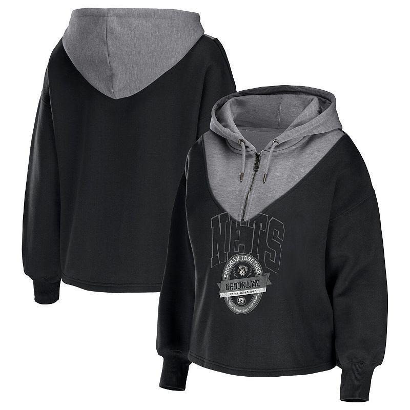 Women's WEAR by Erin Andrews Black Brooklyn Nets Pieced Quarter-Zip Hoodie Jacket, Size: Small Product Image