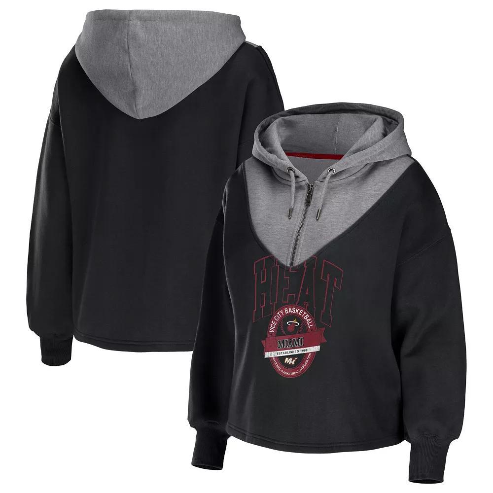 Women's WEAR by Erin Andrews Black Brooklyn Nets Pieced Quarter-Zip Hoodie Jacket, Size: Small Product Image