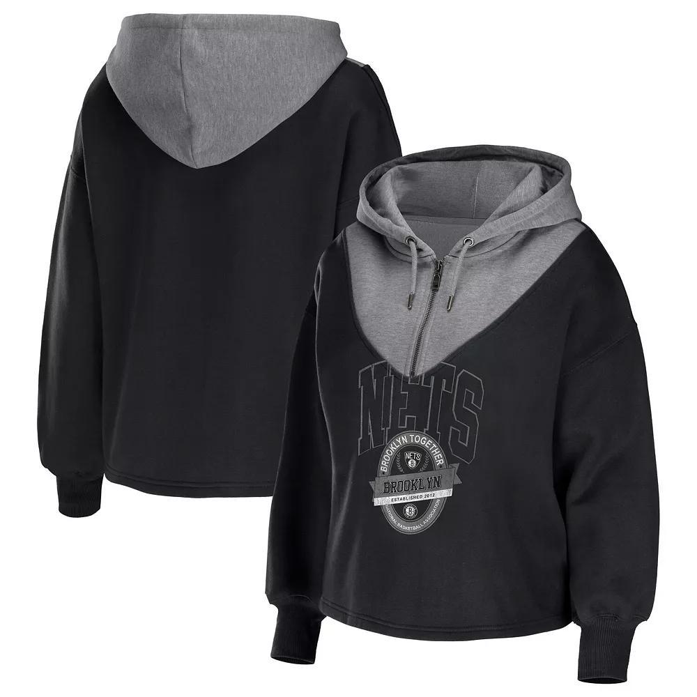 Women's WEAR by Erin Andrews Black Brooklyn Nets Pieced Quarter-Zip Hoodie Jacket, Size: Small Product Image
