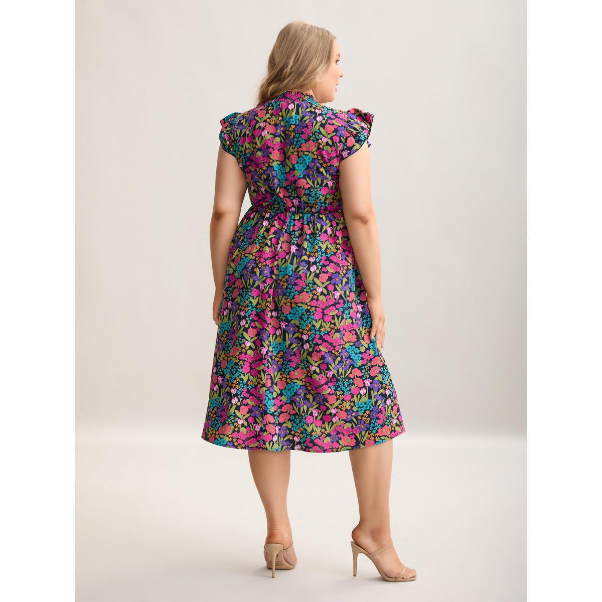 Plus Size Floral Print Shirred Pockets Midi Dress Indigo Women Elegant Frill Trim Mock Neck Cap Sleeve Curvy BloomChic 28/5X Product Image