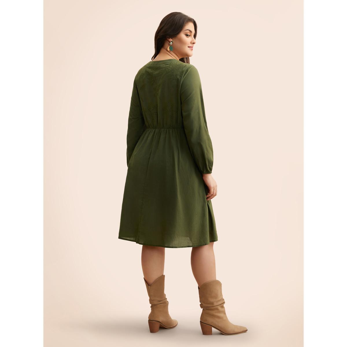 Plus Size Notched Broderie Anglaise Button Detail Dress ArmyGreen Women Elegant Button Notched collar Long Sleeve Curvy BloomChic 14-16/1X Product Image