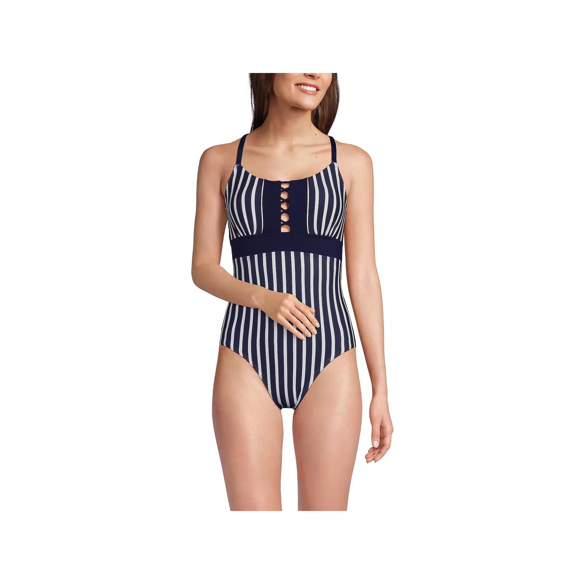 Women's Lands' End Front Lace-Up Scoopneck One-Piece Swimsuit, Size: 10, Deep  Blue Floral Product Image