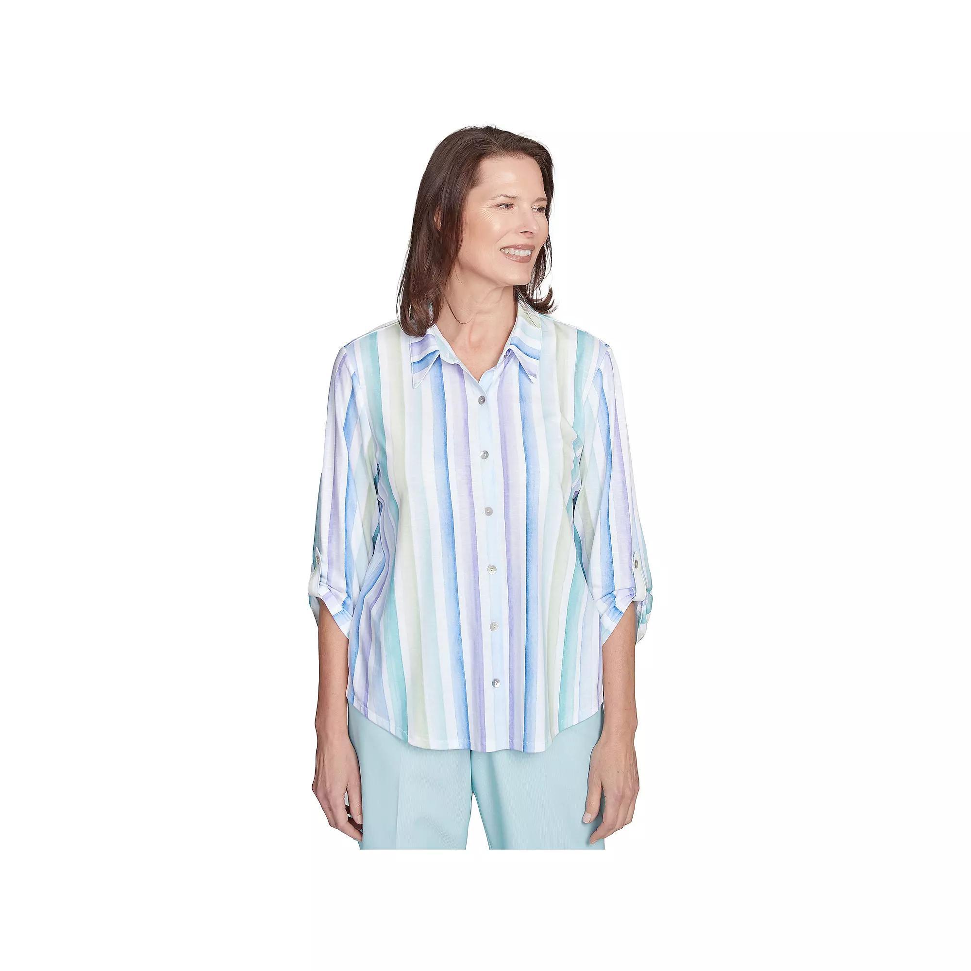 Women's Alfred Dunner Island Mint Stripe Button-Front Knit Top, Size: Large, Green Team Product Image