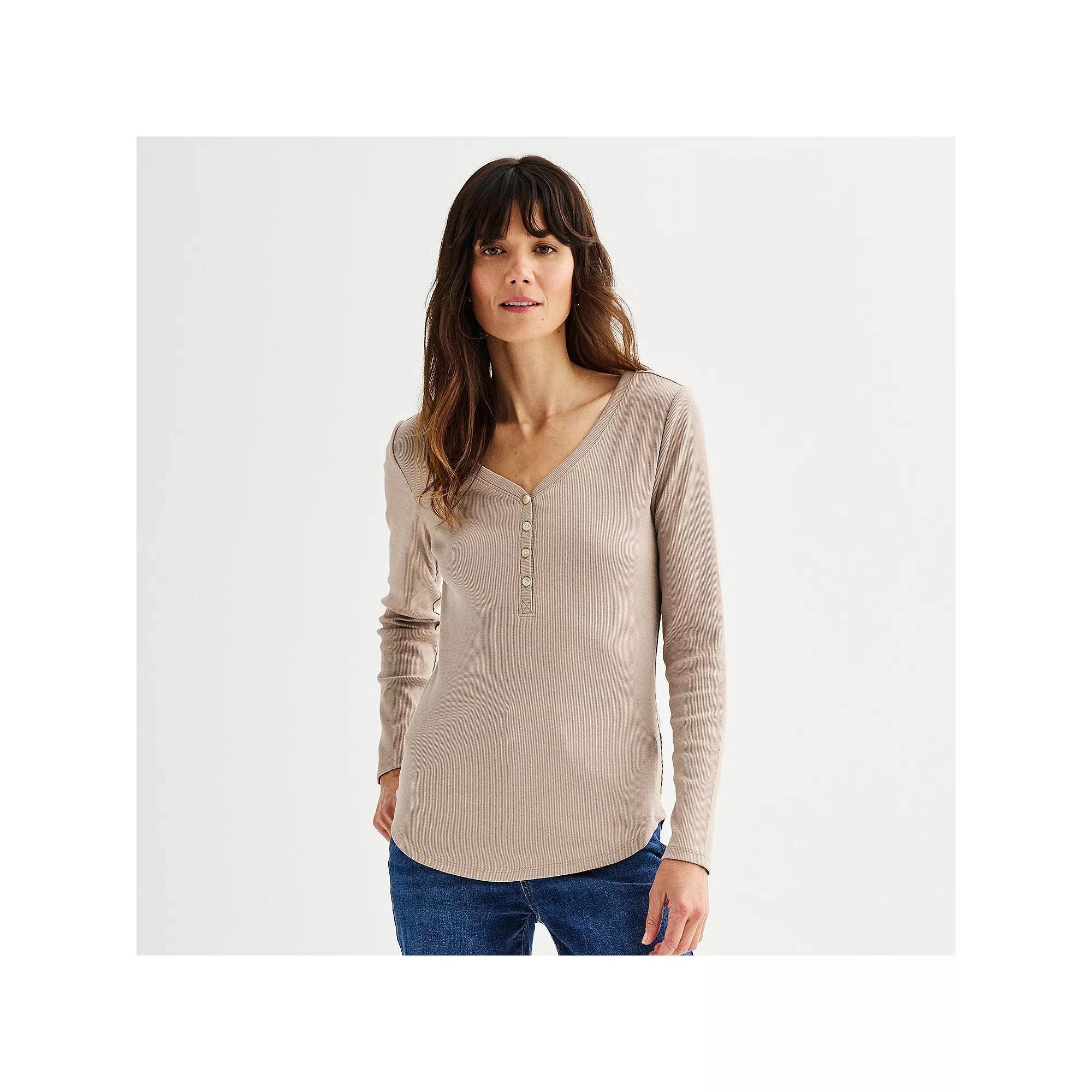 Women's Sonoma Goods For Life® Rib Long Sleeve Henley, Size: Medium, Peanut White Product Image