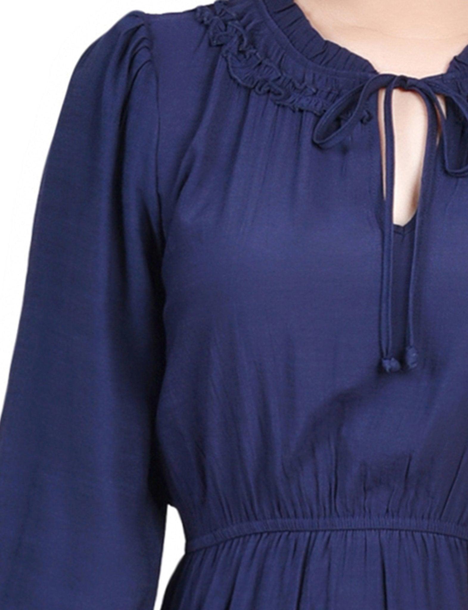 Navy Long Sleeve Tiered Dress With Ruffled Neck - Petite Product Image