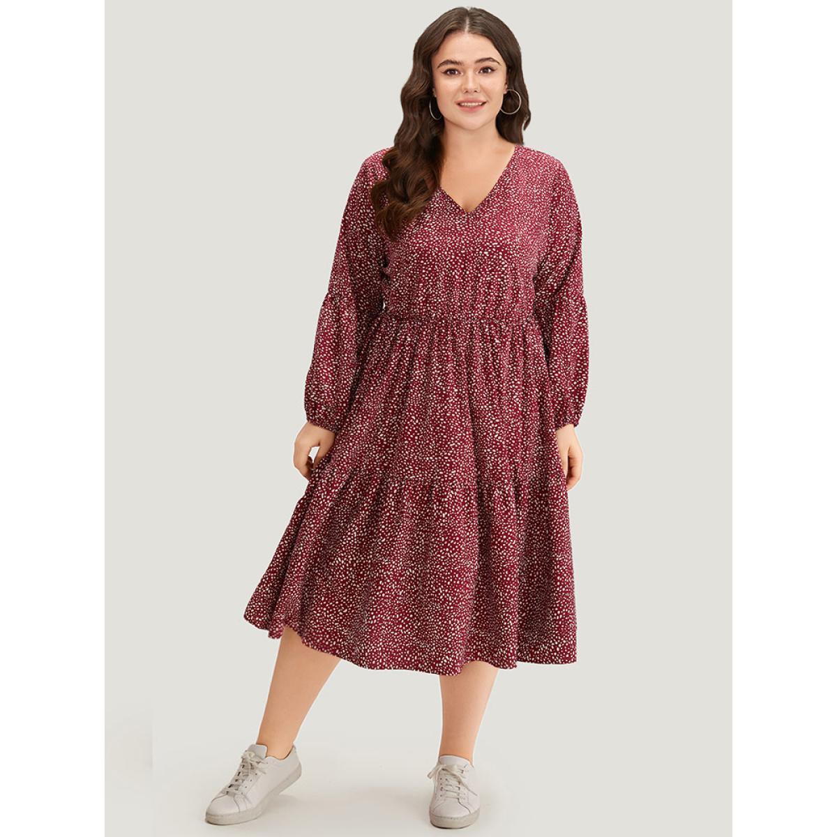 Plus Size Leopard Print Pocket Flutter Hem Dress Burgundy Women Casual Elastic cuffs V-neck Long Sleeve Curvy Midi Dress BloomChic 18-20/2X Product Image