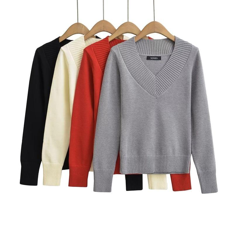 V-Neck Plain Sweater Product Image