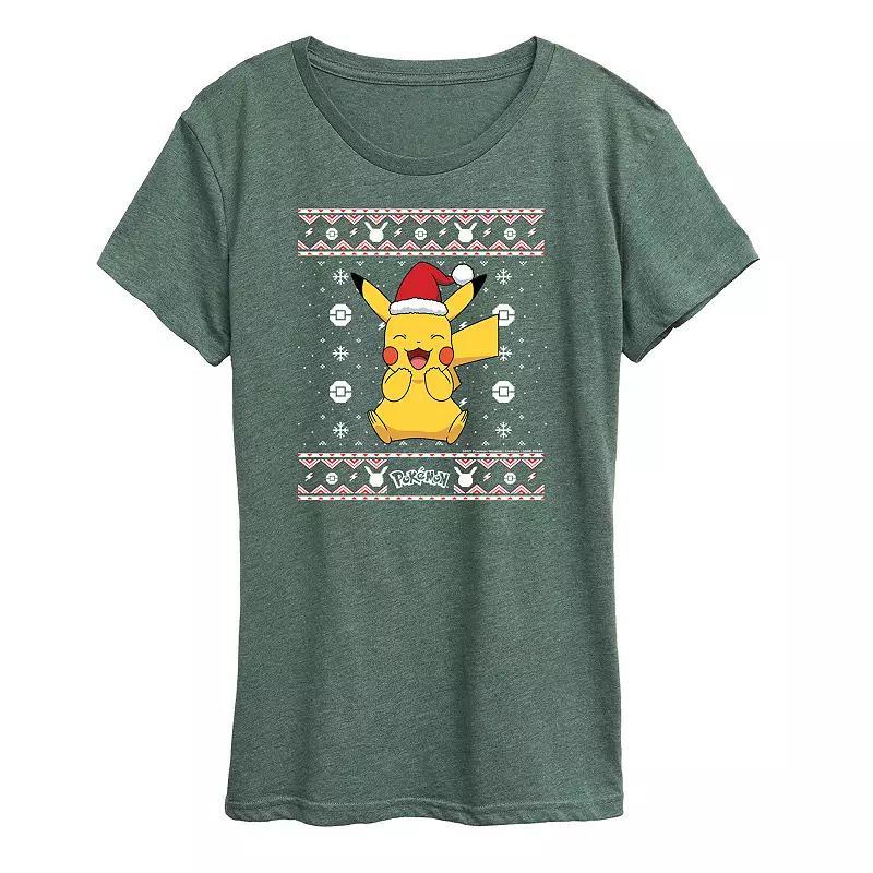 Women's Pokemon Pikachu Sweater Pattern Tee, Size: Medium, Grey Green Product Image