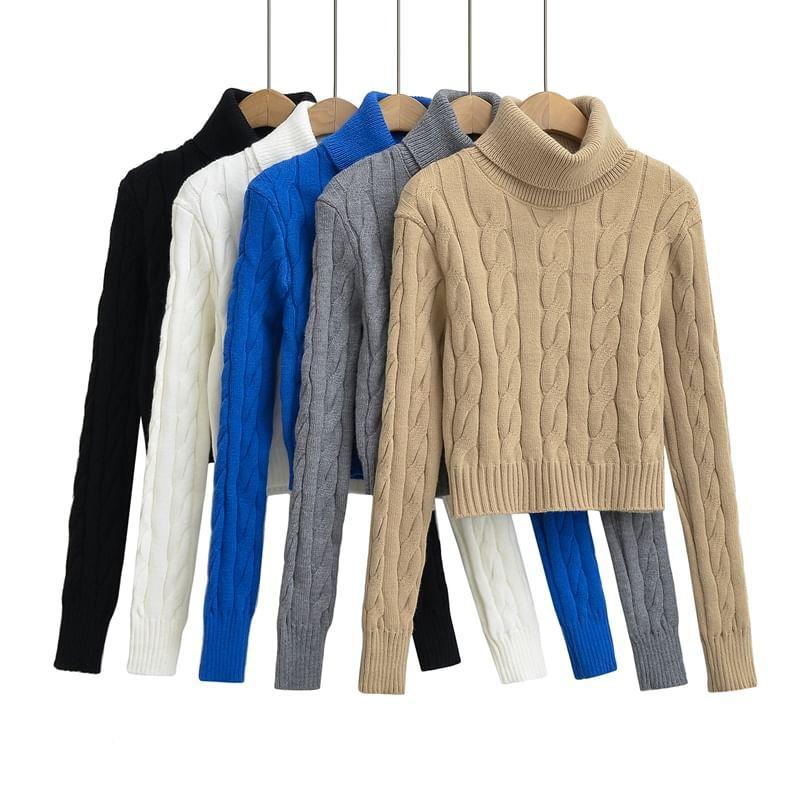 Turtleneck Plain Cable Knit Cropped Sweater Product Image