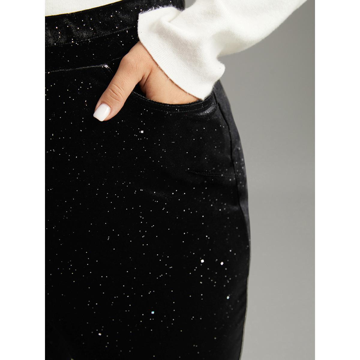 Plus Size Velvet Glitter Patchwork Pocket Flare Leg Pants Women Black Glamour Flare Leg High Rise Festival-Christmas Pants BloomChic 12/L Product Image