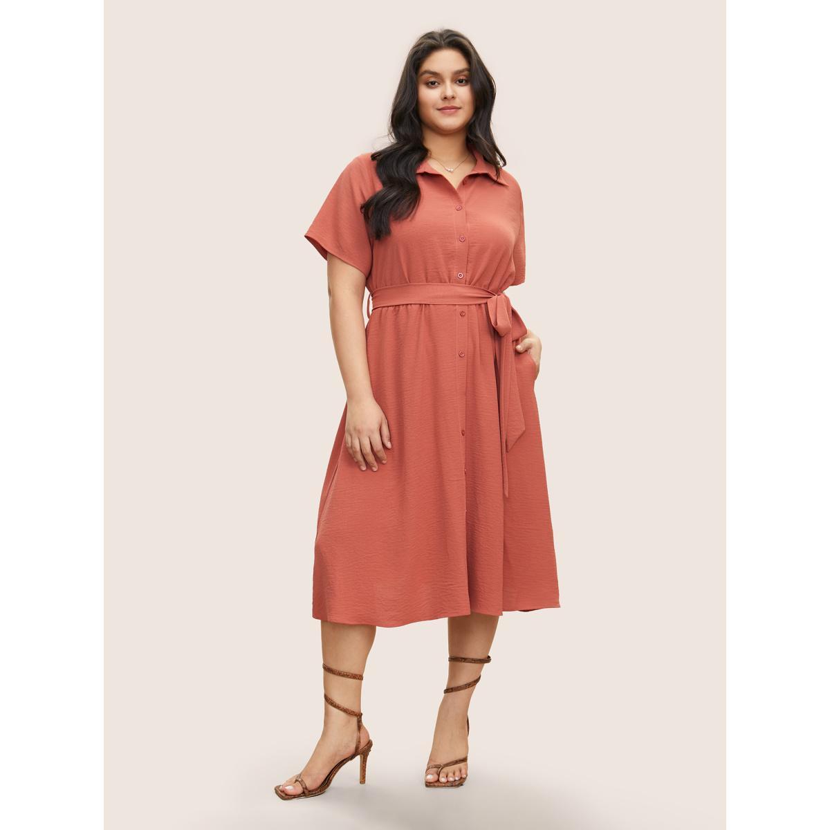 Plus Size Shirt Collar Button Through Belted Crepe Dress Rust Women At the Office Non Shirt collar Short sleeve Curvy Midi Dress BloomChic 14-16/1X Product Image