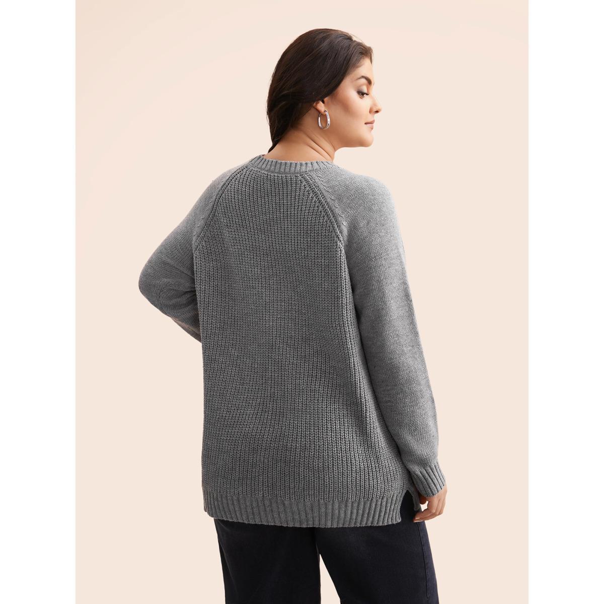Plus Size Texture Cable Knit Button Detail Pullover Mediumgray Women Casual Loose Long Sleeve Round Neck Everyday Pullovers BloomChic 26/4X Product Image