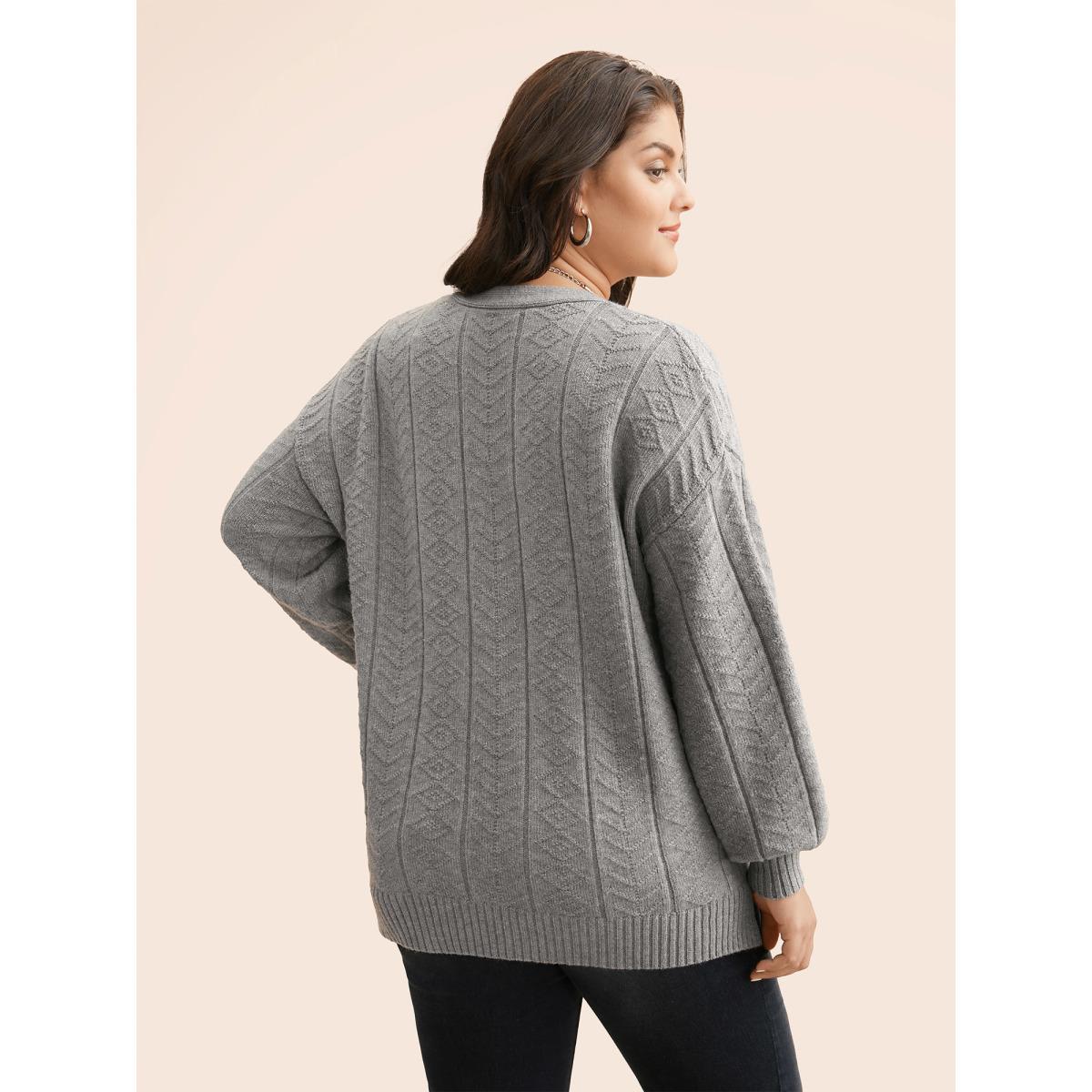 Plus Size Supersoft Essentials Cable Knit Button Up Pullover Mediumgray Women Casual Loose Long Sleeve V-neck Everyday Pullovers BloomChic 10/M Product Image