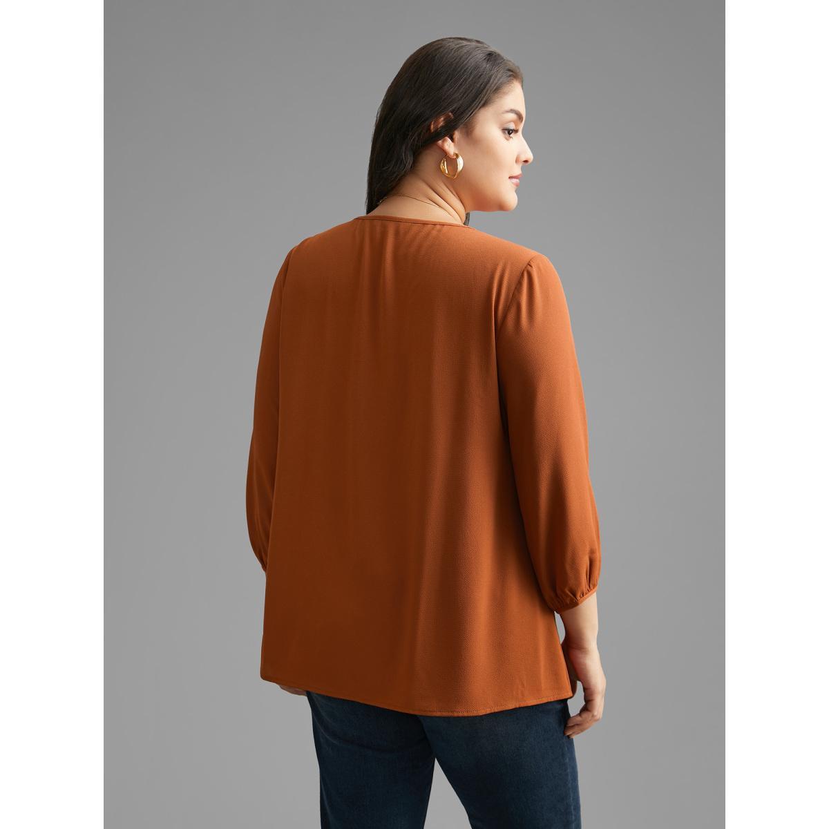 Plus Size Rust Notched Lace Trim Gathered Blouse Women Elegant Extra Long Sleeve Flat collar with V-notch Everyday Blouses BloomChic 10/M Product Image