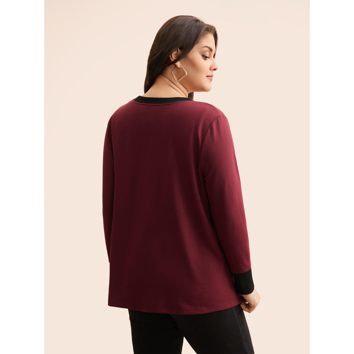 Plus Size V Neck Contrast Patchwork Sweatshirt Women Deepred Casual Contrast V-neck Everyday Sweatshirts BloomChic 28/5X Product Image