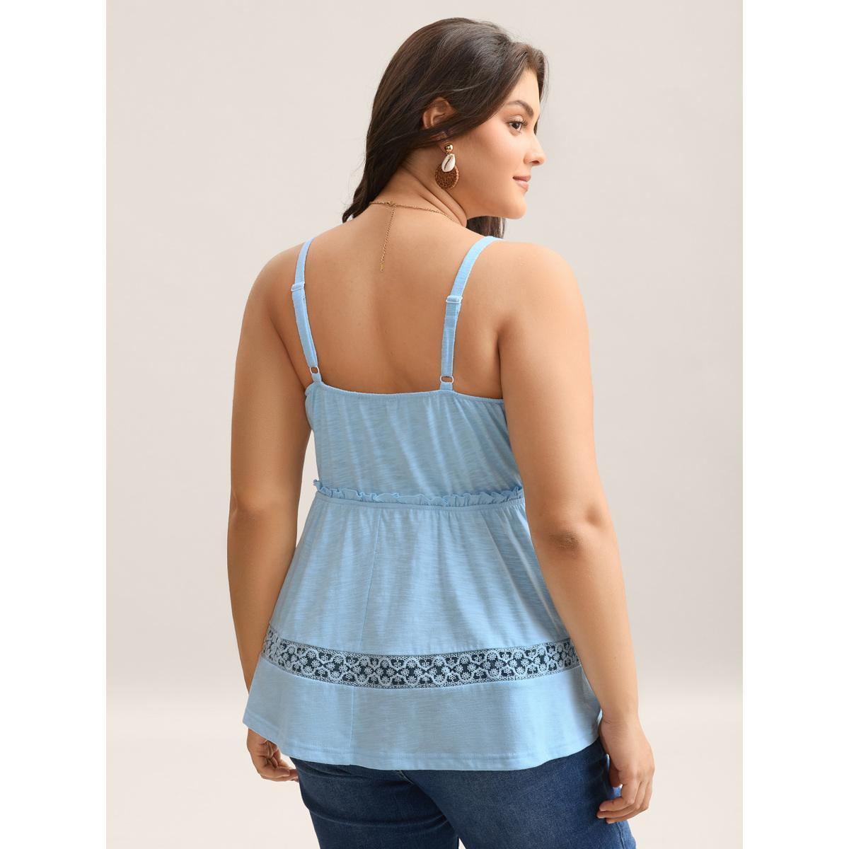 Plus Size Lace Trim Pleated Plain Tank Top Women LightBlue Woven ribbon&lace trim Non Vacation Tank Tops Camis BloomChic 14-16/1X Product Image