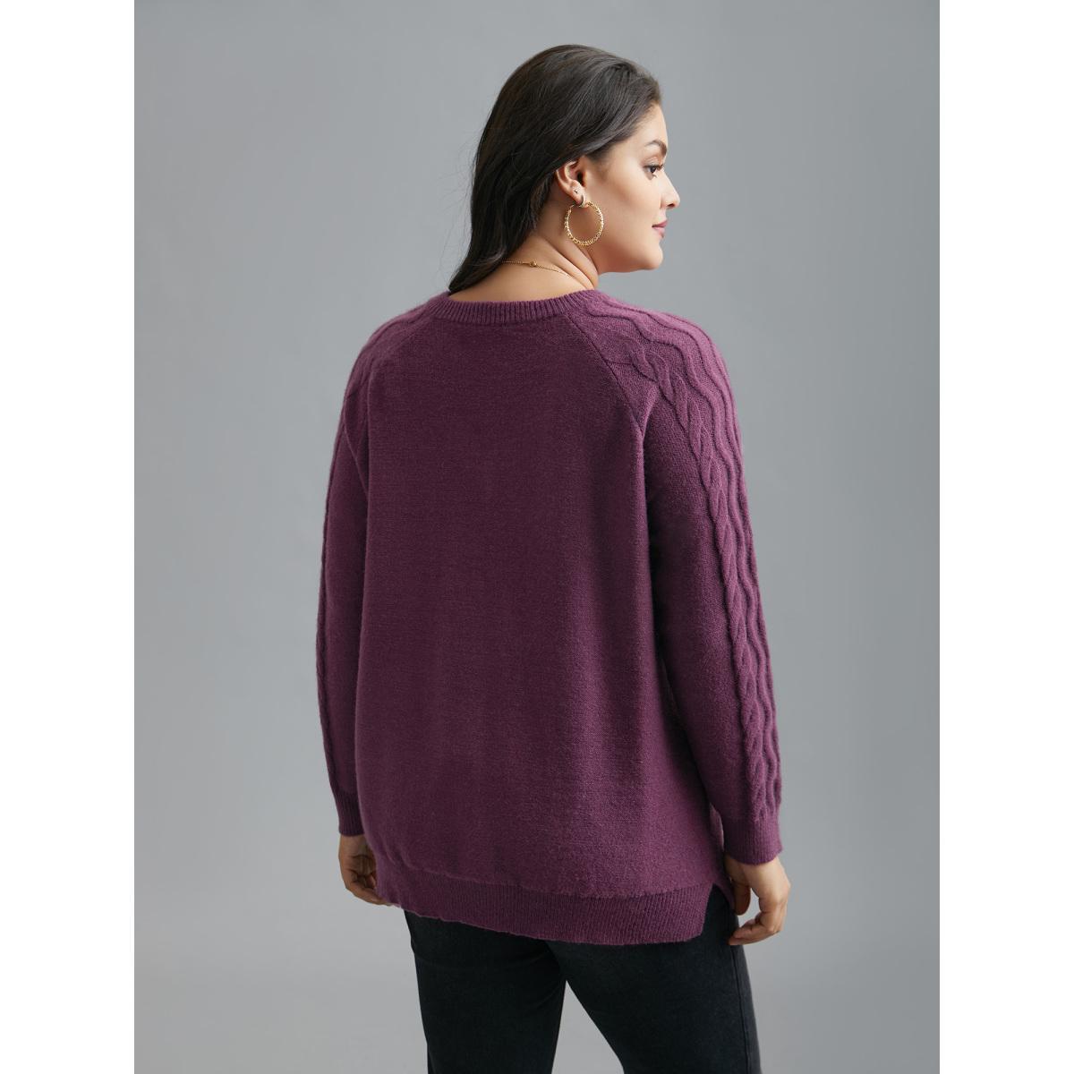 Plus Size Plain V Neck Cable Knit Pullover Deeppurplered Women Casual Loose Long Sleeve V-neck Everyday Pullovers BloomChic 28/5X Product Image