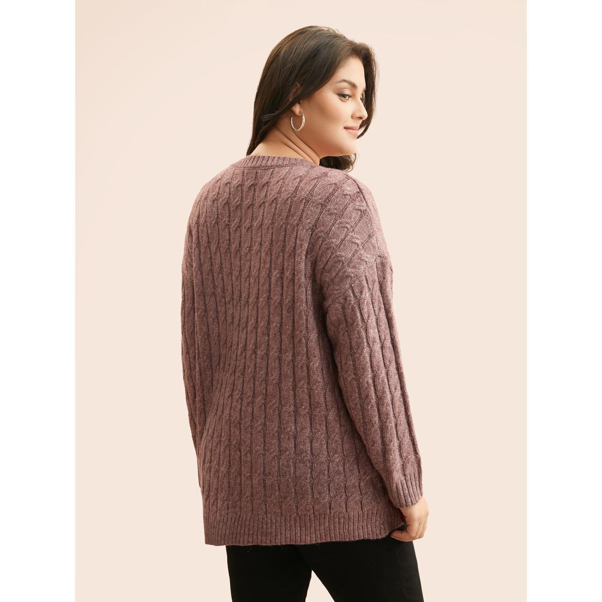 Plus Size Heather Texture Cable Knit Pullover Plum Women Casual Long Sleeve V-neck Everyday Pullovers BloomChic 22-24/3X Product Image