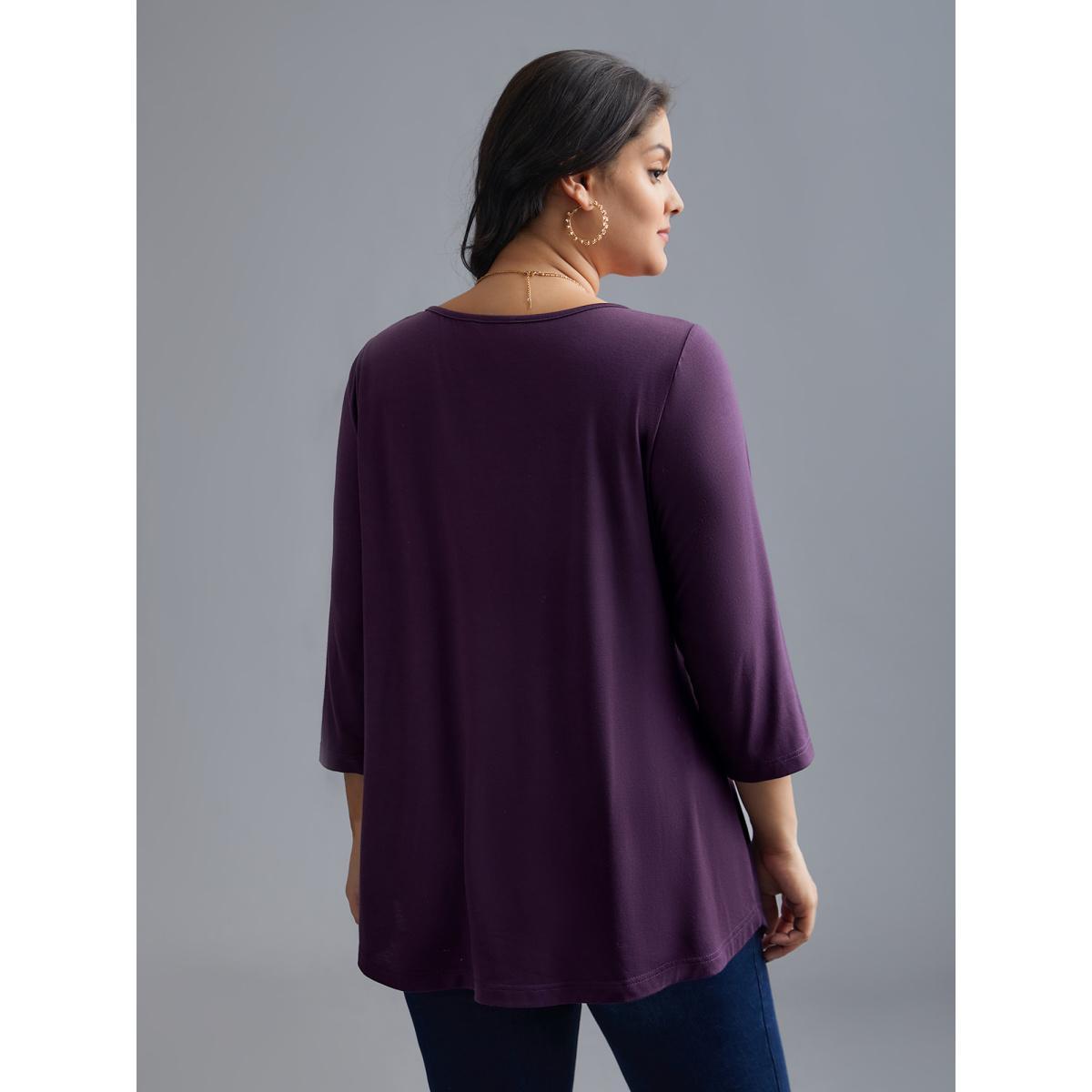 Plus Size Asymmetrical Hem Overlap Long T-shirt Black Women Elegant Tucked seam Round Neck Loose Everyday T-shirts BloomChic 30/6X Product Image
