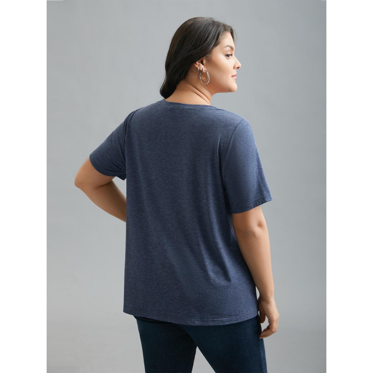 Plus Size Round Neck Feather Pattern T-Shirt Indigo Women Casual Non Art&design Round Neck Everyday T-shirts BloomChic 14-16/1X Product Image