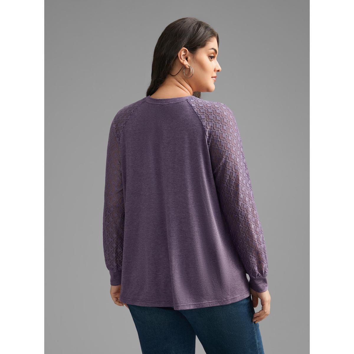 Plus Size Lace Patchwork Pleated Raglan Sleeve T-shirt Eggplant Women Casual Pleated Round Neck Everyday T-shirts BloomChic 18-20/2X Product Image