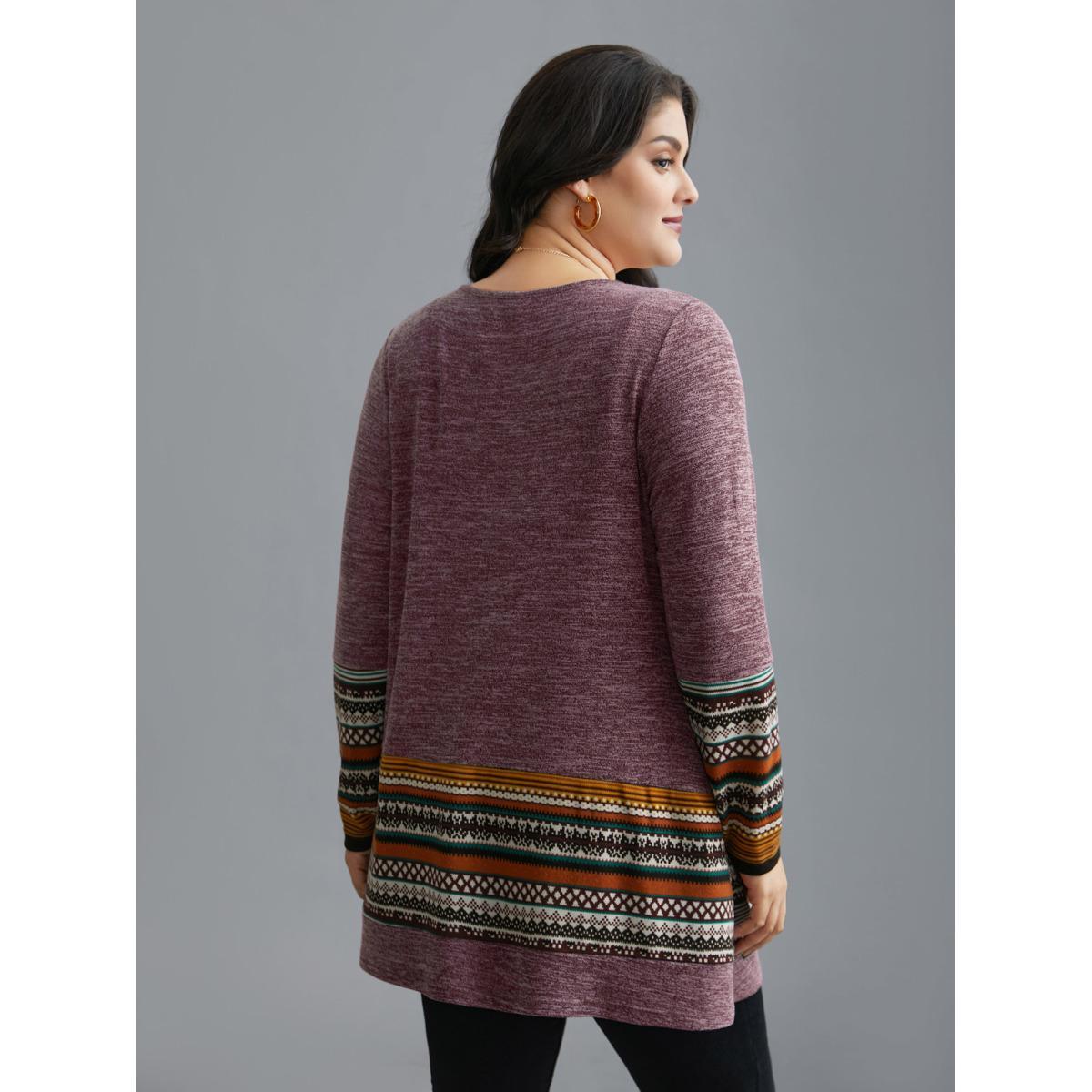 Plus Size Tunic Boho Print Pocket T-shirt Deeppurplered Women Casual Contrast Round Neck Loose Everyday T-shirts BloomChic 28/5X Product Image