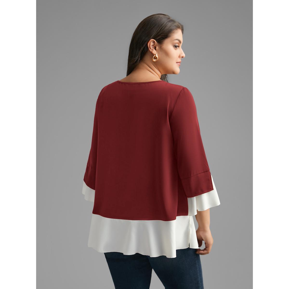 Plus Size Scarlet Contrast Patchwork Bell Sleeve Blouse Women Elegant Elbow-length sleeve Round Neck Everyday Blouses BloomChic 18-20/2X Product Image