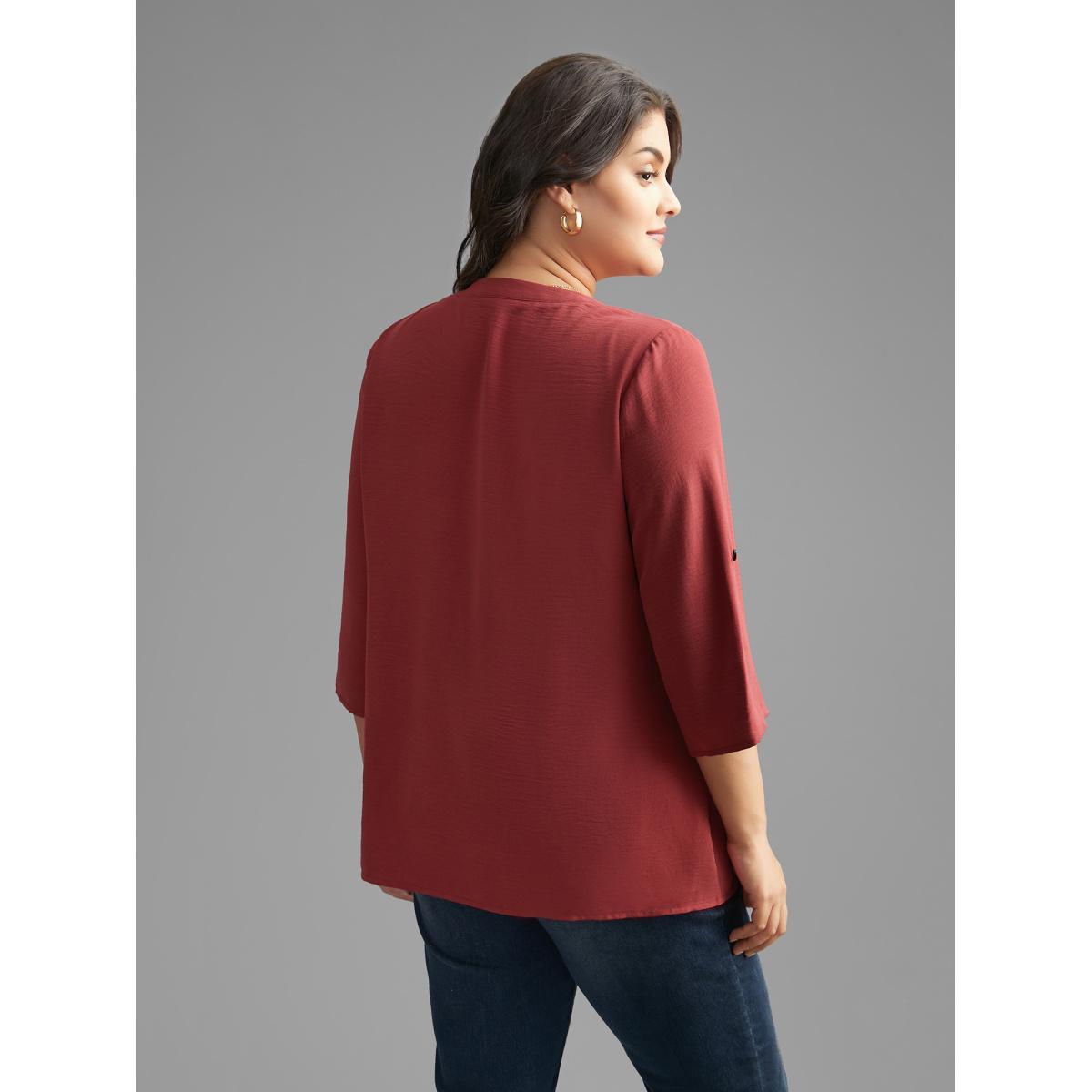 Plus Size Russet Notched Lace Panel Tab Sleeve Blouse Women Elegant Elbow-length sleeve Flat collar with V-notch Everyday Blouses BloomChic 18-20/2X Product Image