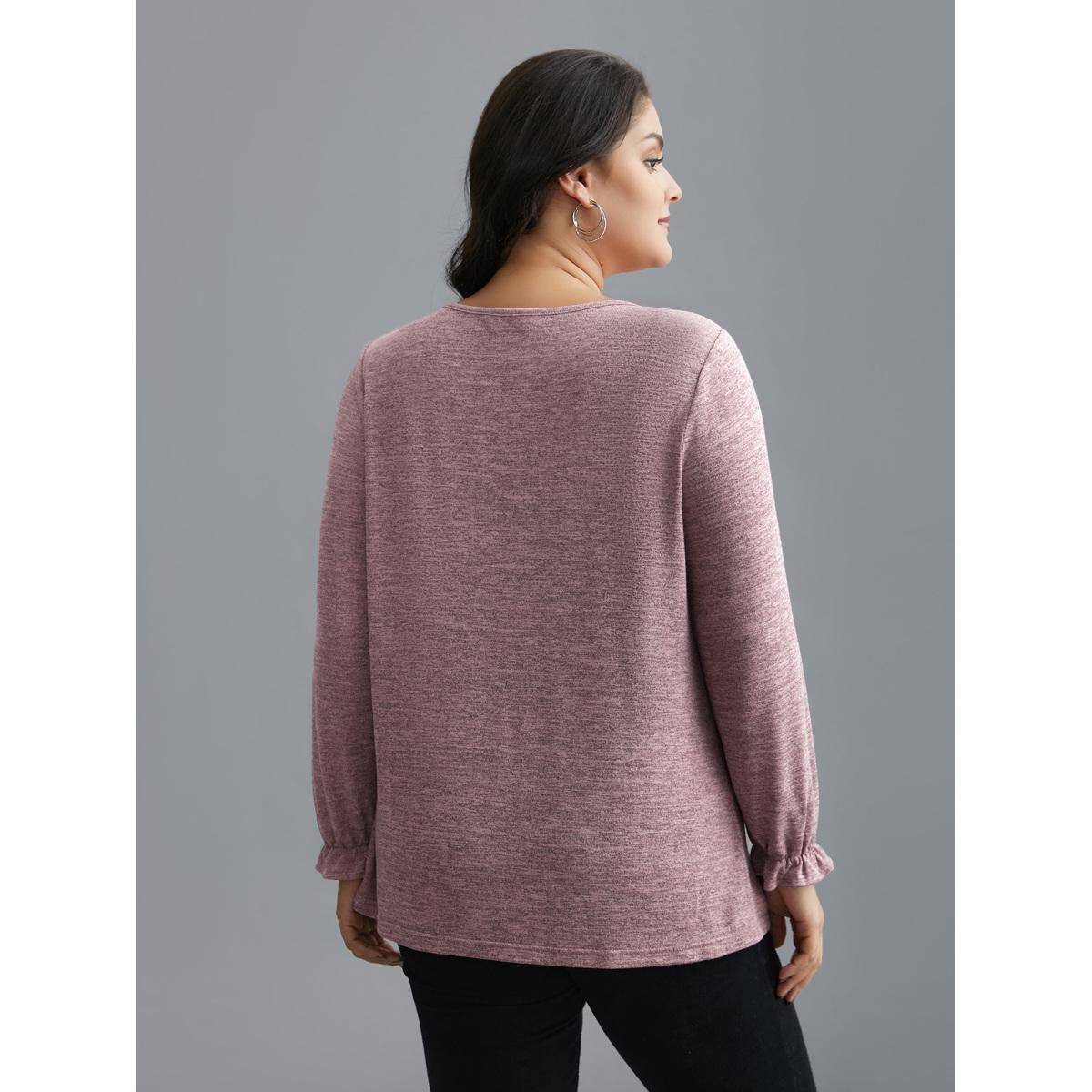 Plus Size Round Neck Heather Pleated T-shirt Blush Women Elegant Pleated Round Neck Loose Everyday T-shirts BloomChic 10/M Product Image
