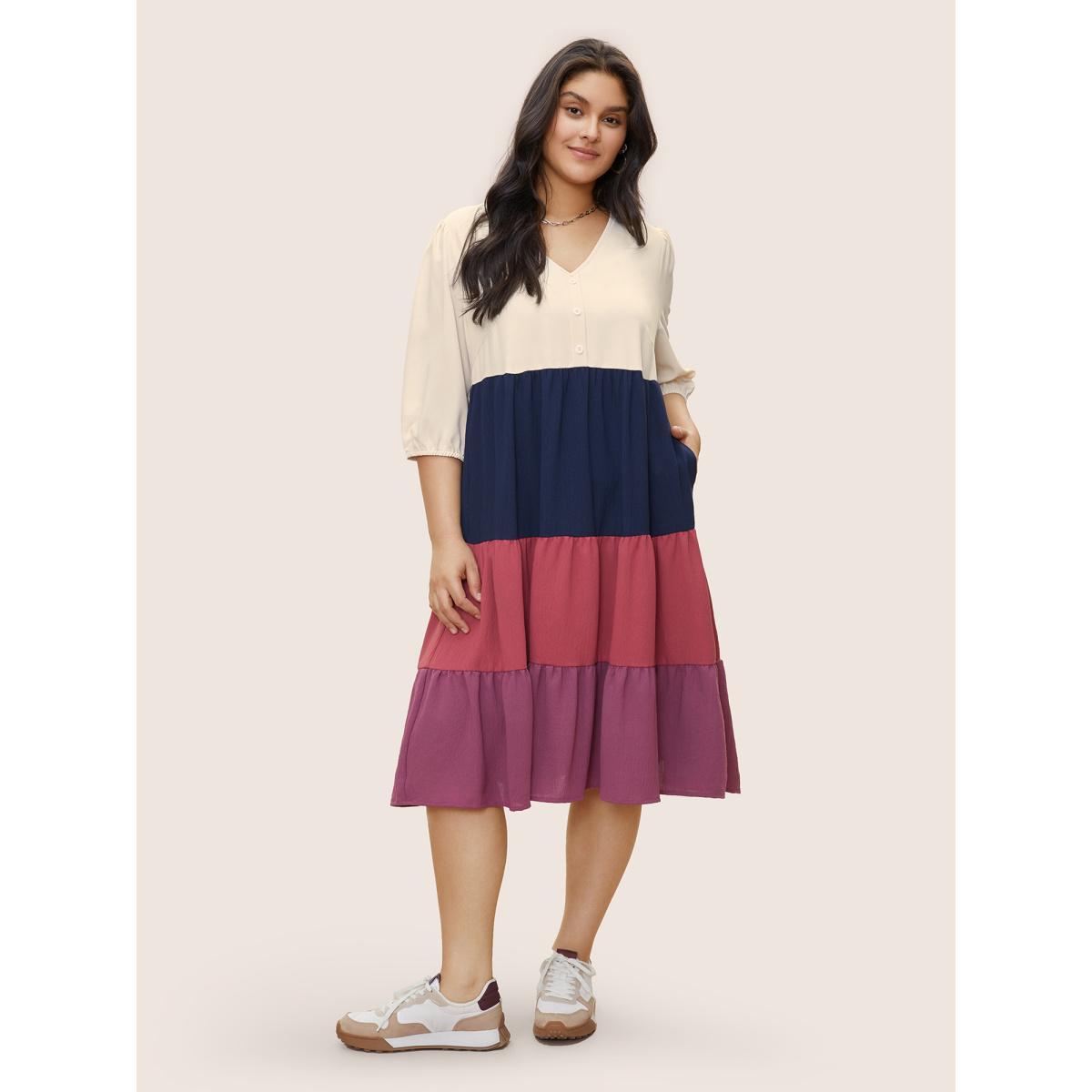 Plus Size Colorblock Contrast Button Detail Layered Hem Dress Multicolor Women Casual Non V-neck Elbow-length sleeve Curvy Midi Dress BloomChic 22-24/3X Product Image
