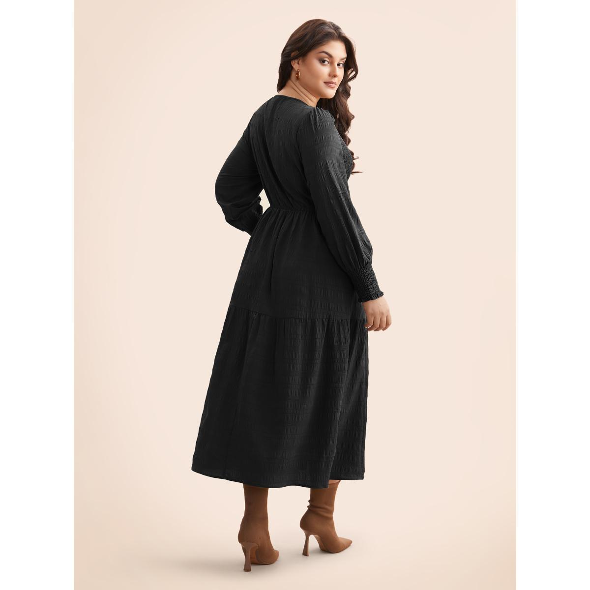 Plus Size Plain Textured Shirred Midi Dress Black Women Elegant Texture Round Neck Long Sleeve Curvy BloomChic 18-20/2X Product Image