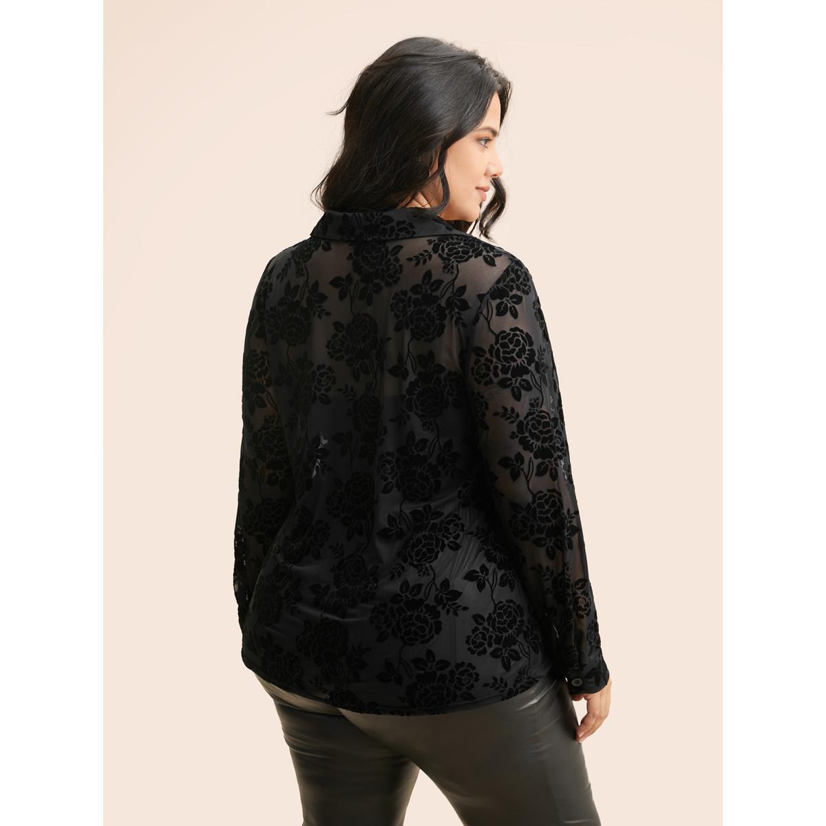 Plus Size Black Shirt Collar Floral Flocking Mesh Blouse Women Elegant Long Sleeve Shirt collar Everyday Blouses BloomChic 30/6X Product Image