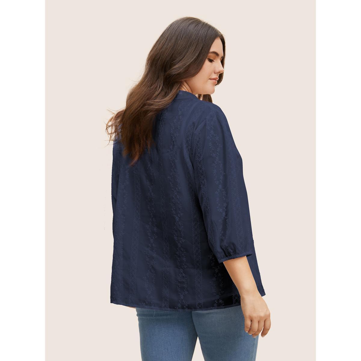 Plus Size Deeppurplered Texture Mesh Button Detail Tucked Seam Blouse Women Elegant Elbow-length sleeve V-neck Everyday Blouses BloomChic 12/L Product Image