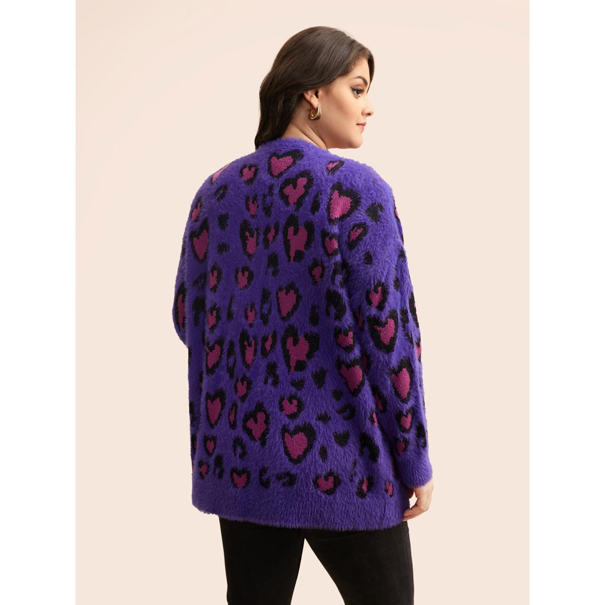 Plus Size Leopard Print Fluffy Patch Pocket Cardigan Deeppurple Women Casual Loose Long Sleeve Everyday Cardigans BloomChic 30/6X Product Image