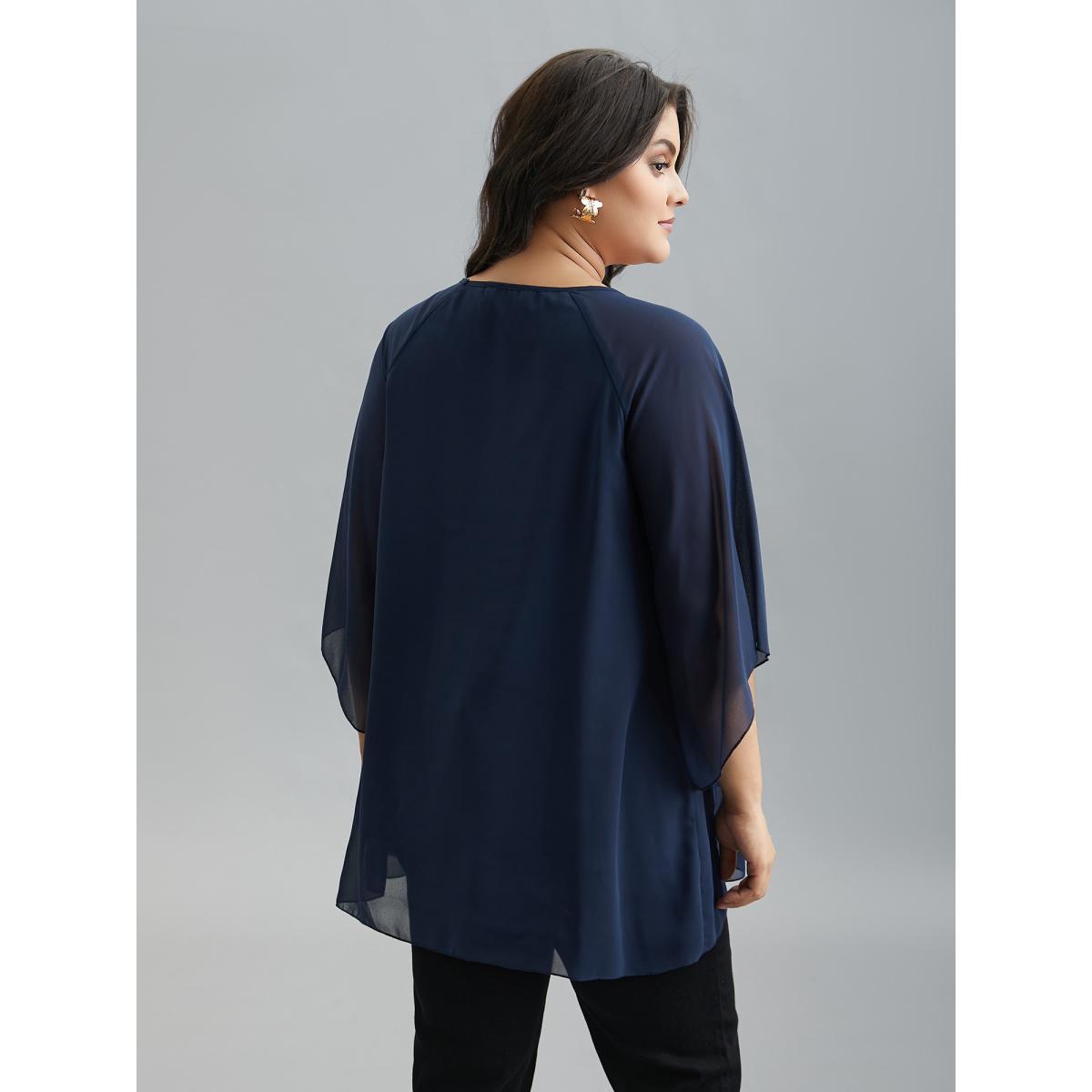 Plus Size Indigo Ruched Neckline Lotus Leaf Sleeve Blouse Women Elegant Elbow-length sleeve Round Neck Everyday Blouses BloomChic 12/L Product Image