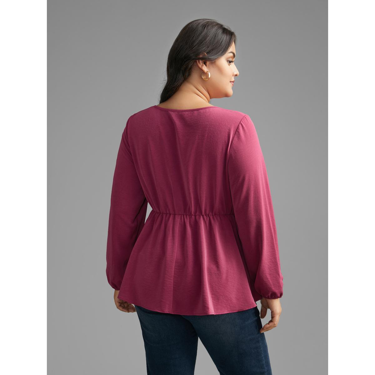 Plus Size RedViolet Notched Collar Gathered Lantern Sleeve Blouse Women Elegant Long Sleeve Notched collar Everyday Blouses BloomChic 26/4X Product Image