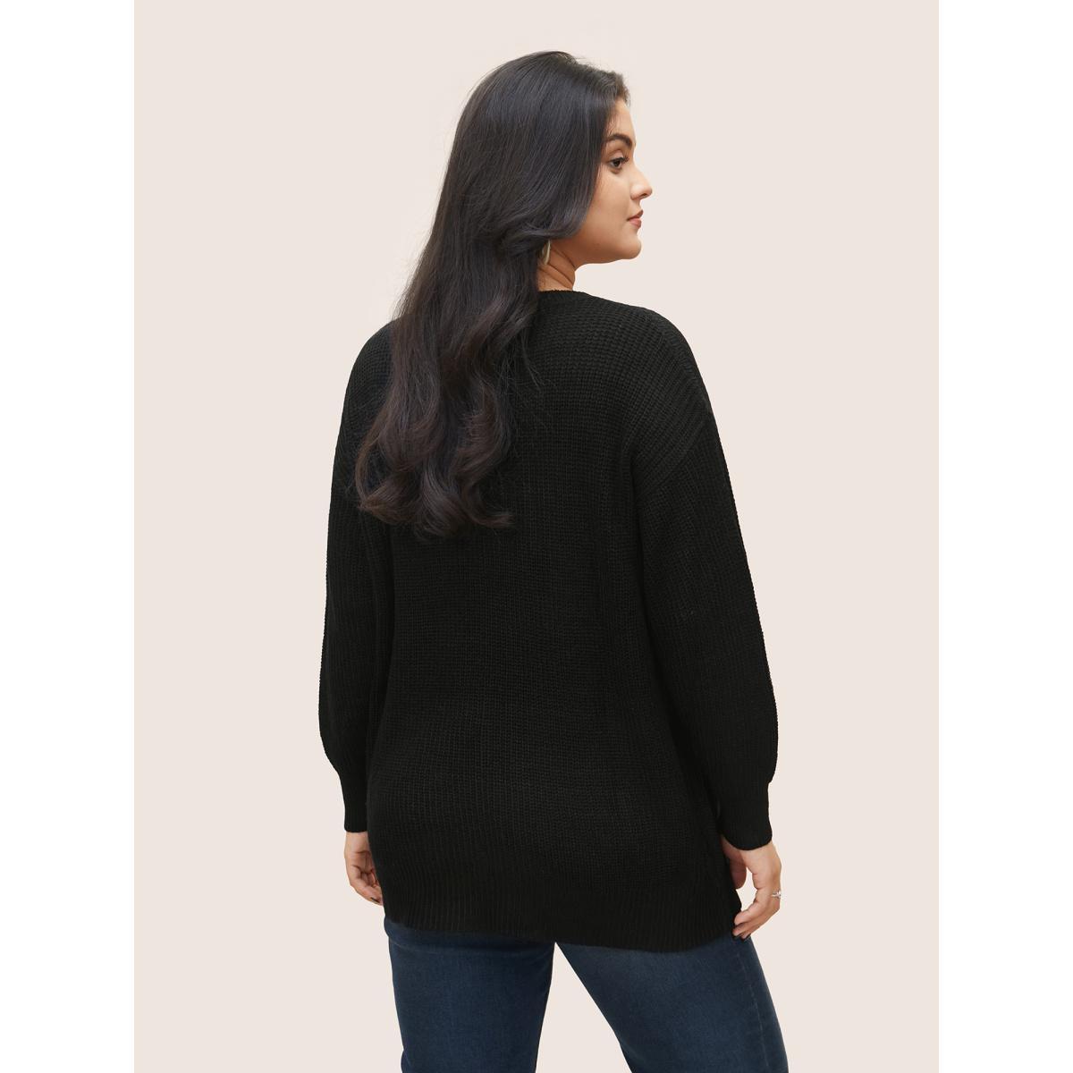 Plus Size Plain Round Neck Hollow Out Drop Shoulder Pullover Black Women Casual Loose Long Sleeve Round Neck Dailywear Pullovers BloomChic 12/L Product Image